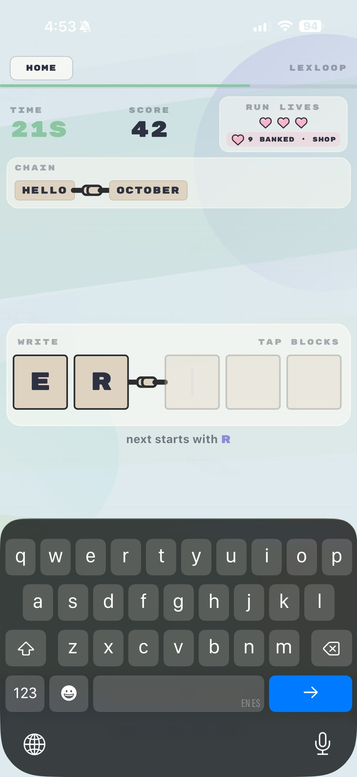 LexLoop Classic gameplay showing HELLO linked to OCTOBER, 42 points and three hearts
