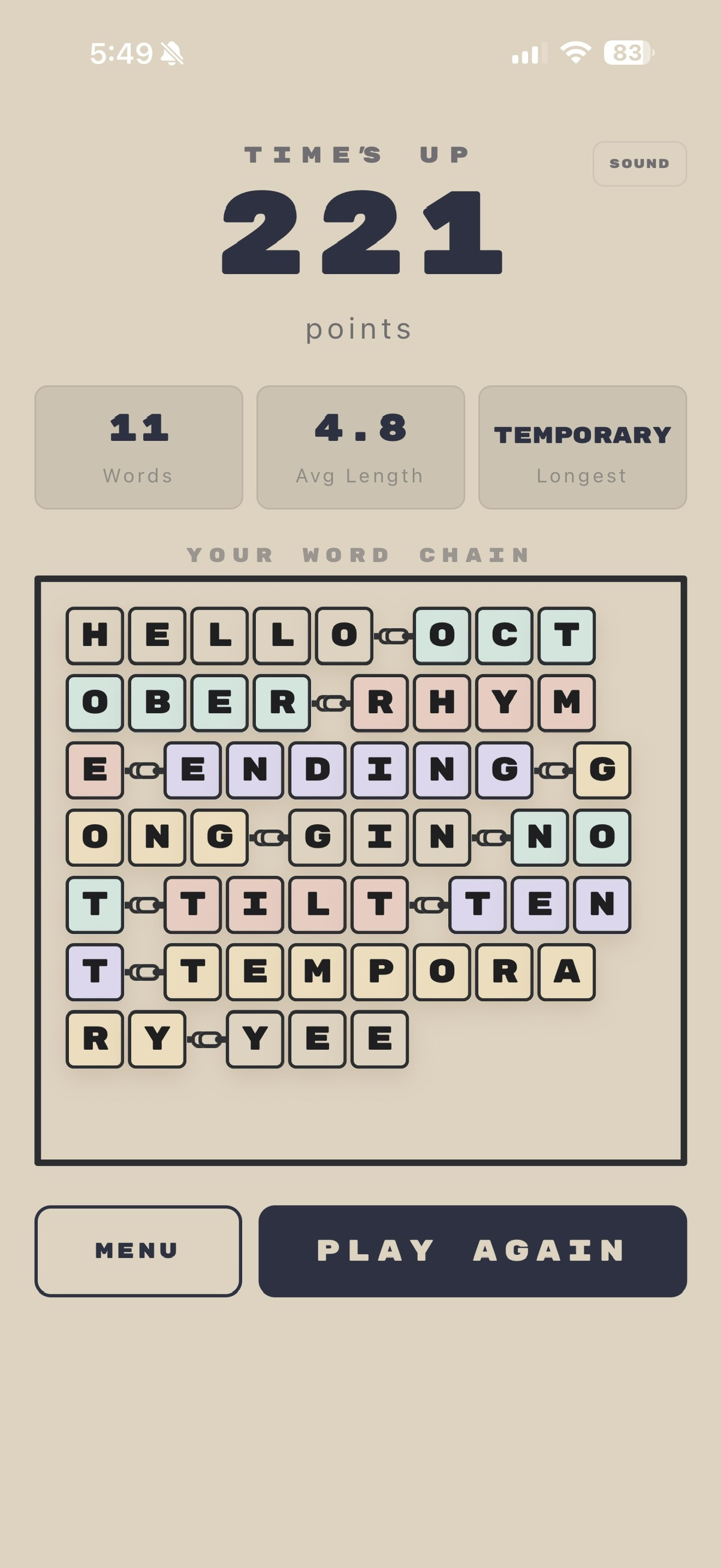 A completed LexLoop game: 221 points, 11 words, and a colorful connected word chain
